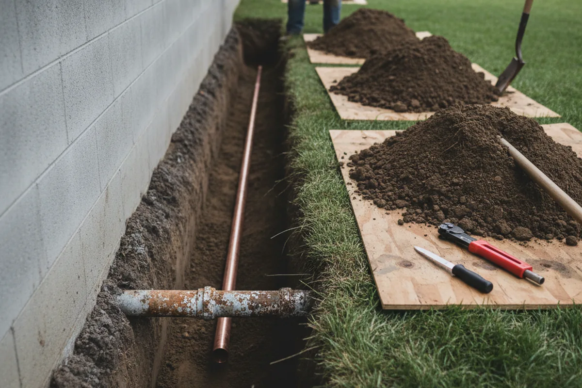 Excavated water line trench during Water Heater Repair in King